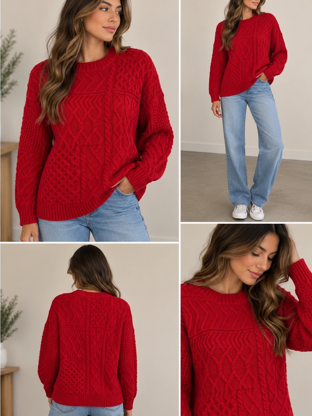 Time and Tru Red Cable Knit Crewneck Sweater